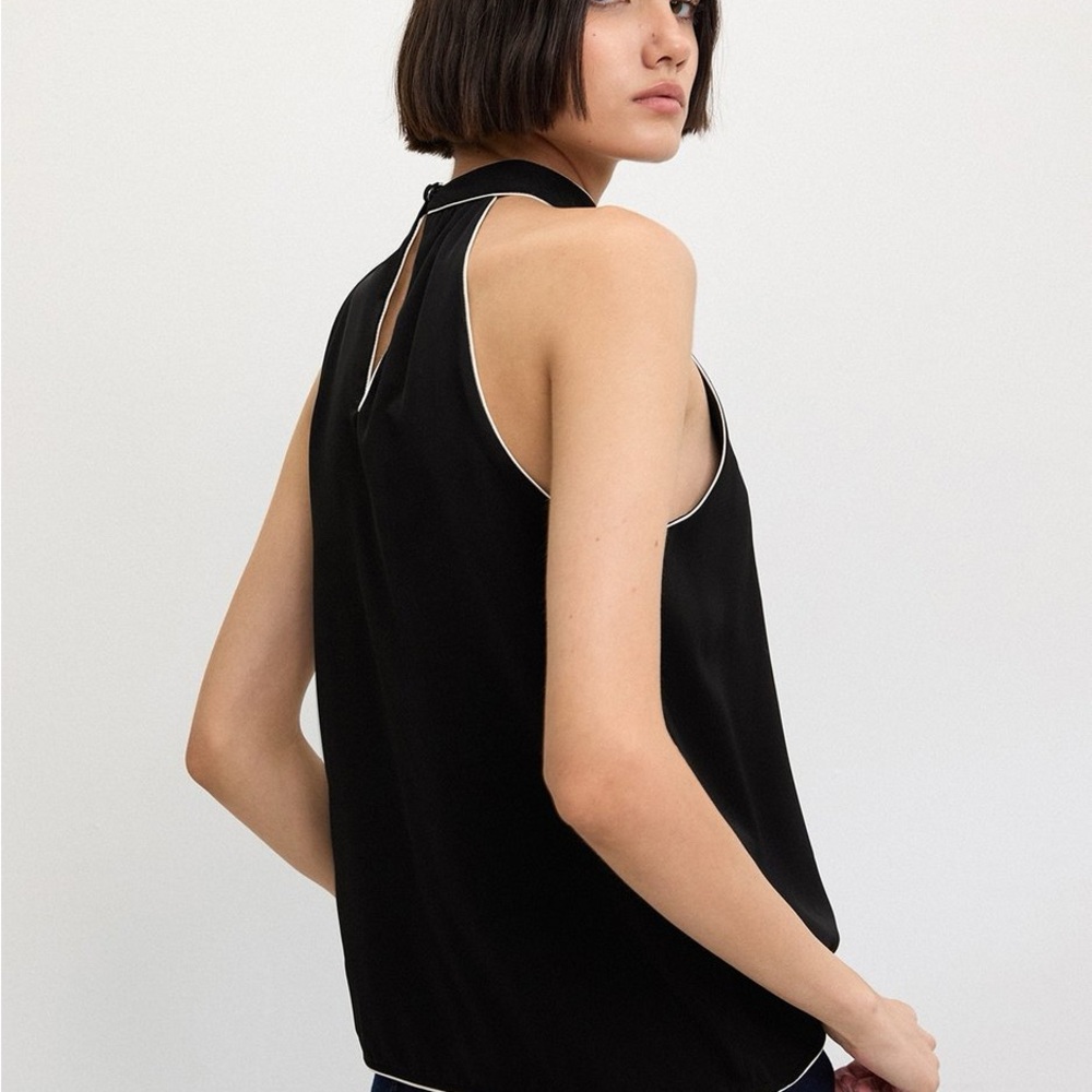 H&M Black Halter Neck Tie-Shoulder Blouse with White Piping - Picture 3 of 6